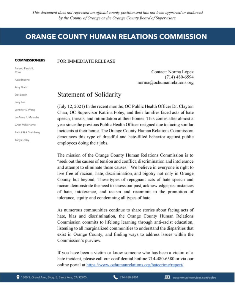 The statement issued by the OC Human Relations Commission.
